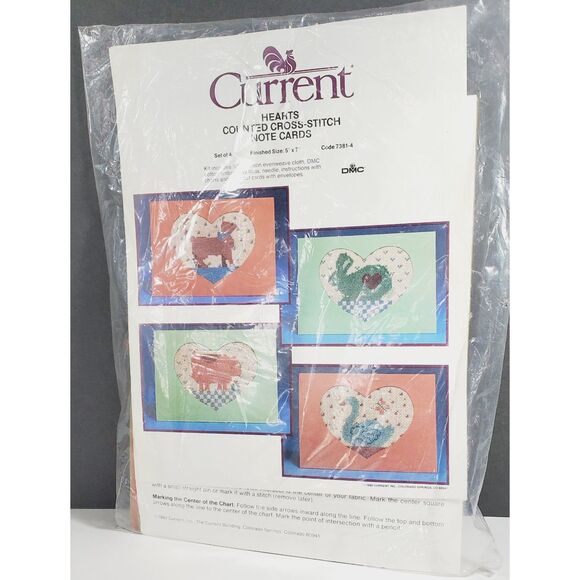New Vtg Current Hearts Counted Cross Stitch Note Card Kit Set Of 4 5 X 7 1986 - Picture 1 of 6